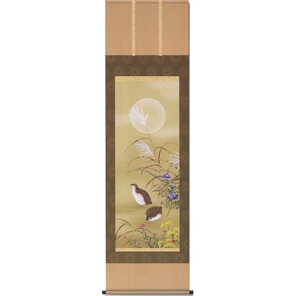 【印刷】掛軸 田村竹世筆「秋草に鶉」 季節掛(秋)